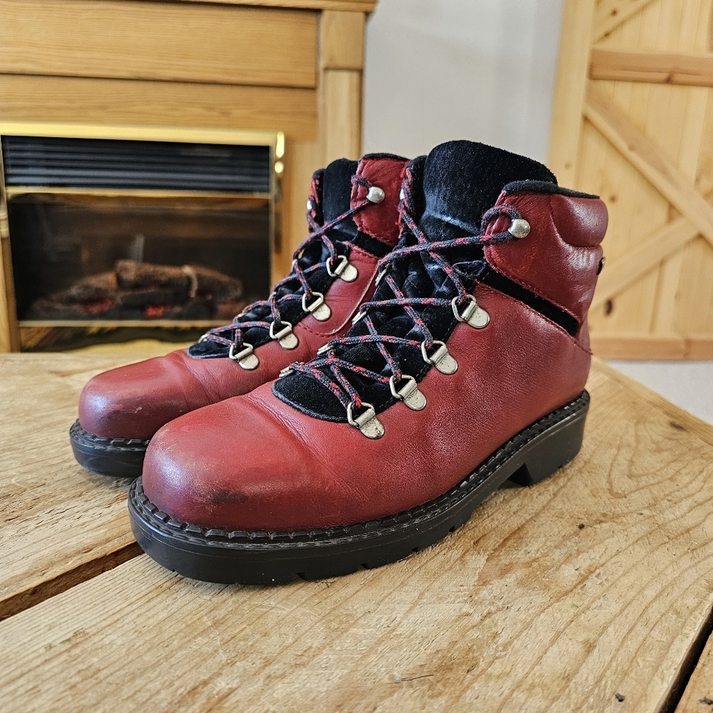 Conquer the Mountains in Style with Sorel Red Leather Mountaineering Ankle Boots